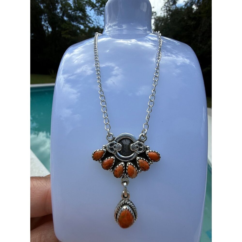 Artisan Skull Orange Mojave Turquoise Statement Pendant Necklace SS Halloween